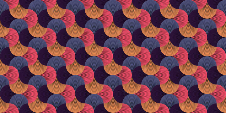 Vibrant geometric pattern featuring overlapping colorful half circles and abstract shapes design