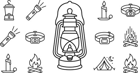 Camping light icons set with kerosene lantern torch flashlight candle headlamp campfire and tent vector line art © AKTAR