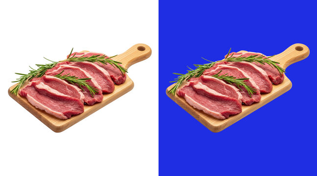 Slices of raw red beef meat arranged on a wooden cutting board with fresh green rosemary sprigs, isolated on a white background, food isolated on a transparent background