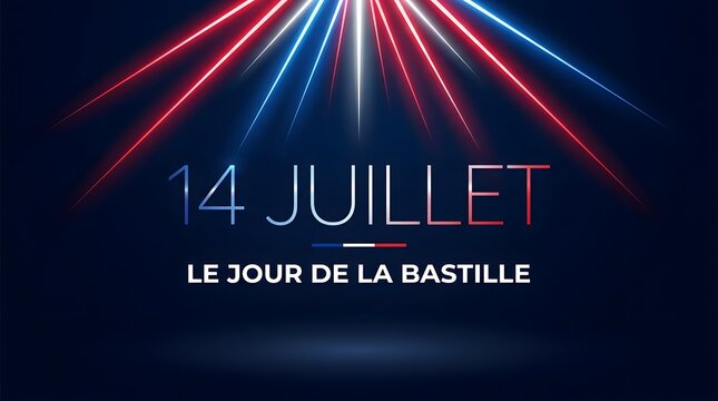 14 Juillet Le Jour de la Bastille celebration banner with futuristic neon tricolor laser light beams on dark blue background