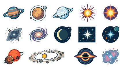 Professional Space Themed Icons Set with Planets Stars Galaxies and Cosmic Phenomena in Vibrant Colors © Yoga