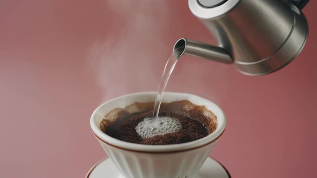 Stainless steel gooseneck kettle pours hot water over fresh ground coffee beans in a white ceramic dripper video motion