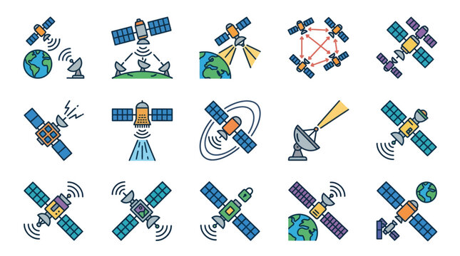 Minimalist Colorful Satellite Communication Concepts Illustrations Showing Various Space Tech Functions
