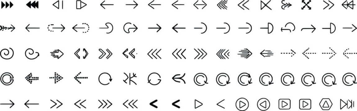 Collection of various black arrow and play button icons on white background