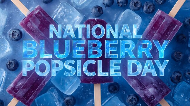 National Blueberry Popsicle Day Banner with Frozen Fruit Ice Pops and Ice Cubes