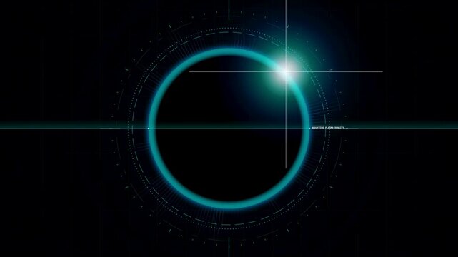 Glowing solar eclipse with concentric circular rings and crosshair overlay concept representing astronomical phenomenon, celestial event, cosmic science, space observation, and universe exploration.