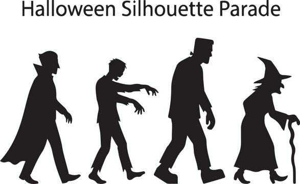 Halloween monster parade silhouette vampire zombie frankenstein witch walking together