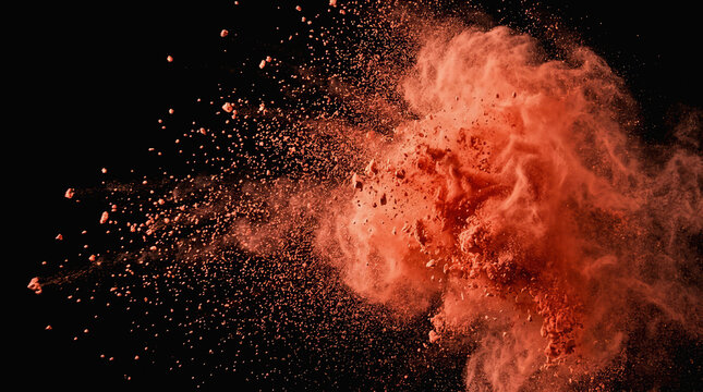 Explos?o de p? vermelho e laranja contra fundo preto em c?mera lenta mostrando part?culas voando para o lado esquerdo da tela.
