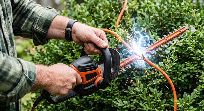 Electric hedge trimmer cutting through orange extension cord causing intense electrical spark and severed wires in garden bush background.