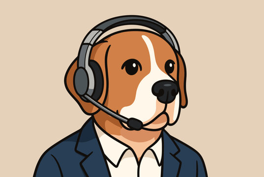 Beagle dog wearing a business suit and headset works as a customer service representative in a friendly illustration.
