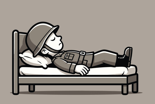 Military soldier wearing a green combat helmet and uniform sleeps peacefully on a small bed with a white pillow.