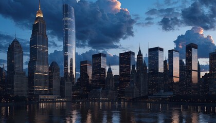 Fototapeta premium Iconic Metropolitan Skyline with Skyscrapers and River Reflections at Blue Hour