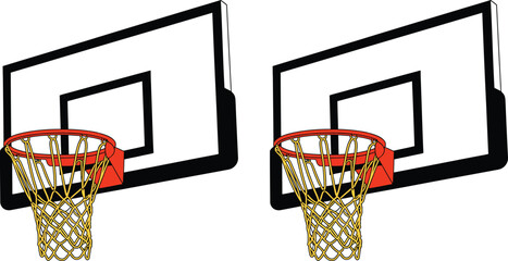 Basketball hoop vector illustration, professional backboard with red rim and net, 2 sport equipment elements for athletic competition and court design © Jihadul