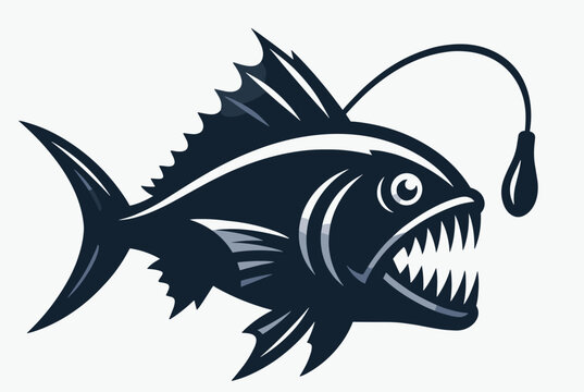 Deep sea anglerfish mascot illustration showing razor sharp teeth, large eyes and a bioluminescent glowing lure.