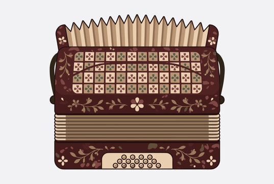 Traditional decorated folk accordion musical instrument with colorful floral patterns over a light grey background.