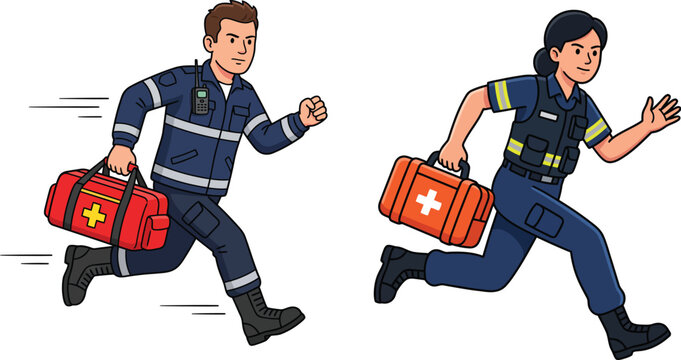 Urgent response Male and female paramedics swiftly running with medical bags, ready to provide immediate first aid during an emergency situation