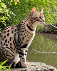 Naklejka premium A marbled cat fantasy animal, fictional species on a riverbank