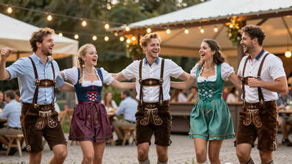 Fototapeta premium A happy friend group celebrates at Oktoberfest wearing traditional lederhosen and dirndl. This young person dances and laughs at a Bavarian folk festival outdoors