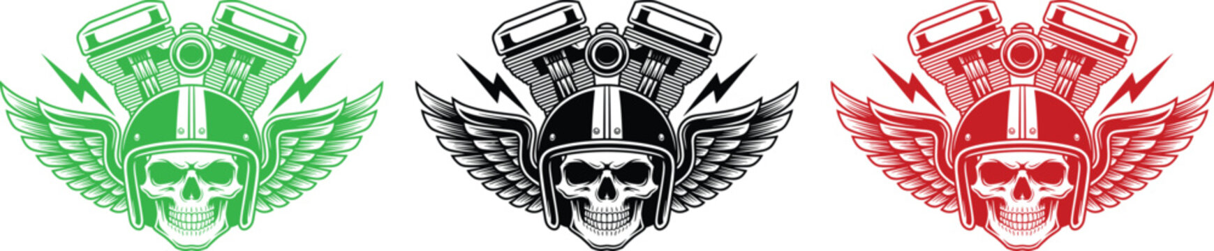 Three skull biker emblems with winged helmets and engines in green black and red 