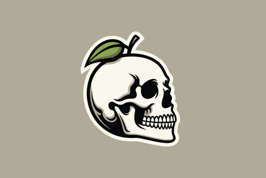 Creative vector logo of a human skull designed in the shape of a peach with a single green leaf, blending life and death concepts.