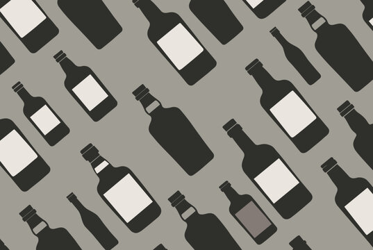 Seamless pattern of diverse wine and liquor bottles on a neutral grey background, ideal for bar menus, wrapping paper, and packaging.