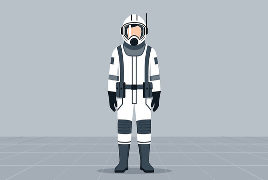 Futuristic character in a white high-tech biohazard suit and helmet, representing scientific exploration, safety, or space research.