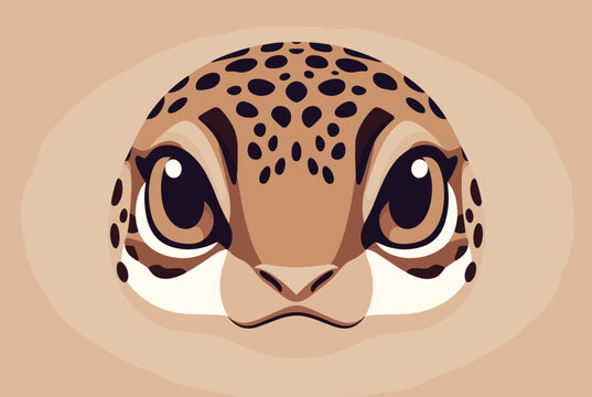 Adorable close-up vector illustration of a leopard gecko head with big dark eyes and a charming pattern on its skin.