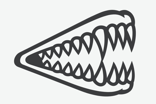 Menacing black line art of a monstrous open mouth filled with sharp predatory teeth, representing danger, wild beasts, or horror.