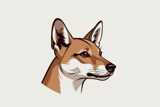 Portrait of an Australian dingo wild dog head with pointed ears shown in a stylized vector design on light background.