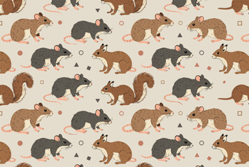 Obraz premium Seamless repeating pattern of various rodents including squirrels, brown mice, and grey rats on a beige background.