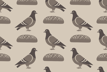 Obraz premium Seamless grey and beige wallpaper pattern of city pigeons standing next to whole loaves of bread in a repeating vintage design.