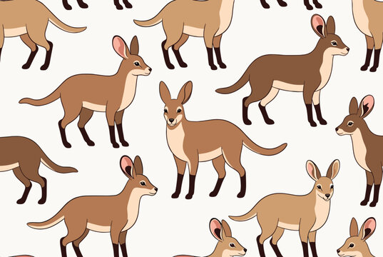 Cute seamless pattern showing repeating hand drawn illustrations of brown kangaroos on a plain background.