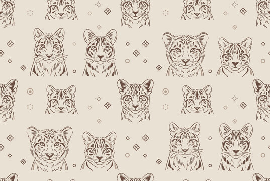 Vintage seamless pattern displaying hand drawn sketches of leopard and tiger heads with geometric symbols.