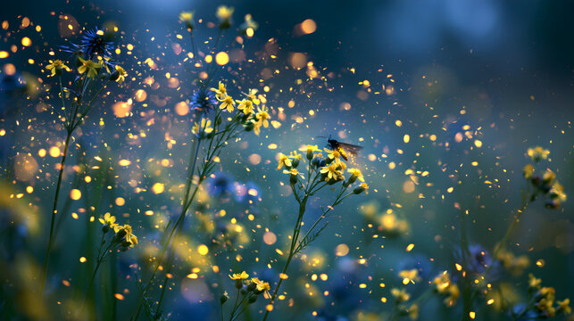 Enchanting fireflies glowing around yellow wildflowers in field at dusk macro photography