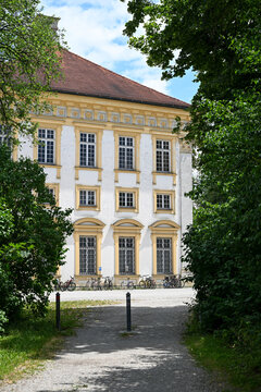Historic building facade framed by trees and bicycles