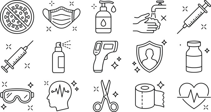 Medical healthcare and virus protection line icon set with face mask syringe sanitizer thermometer vaccine vector