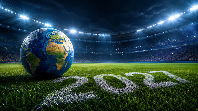 Earth globe ball on a green football pitch with the 2027 number under bright stadium lights, representing global competition, sports unity and future championship.