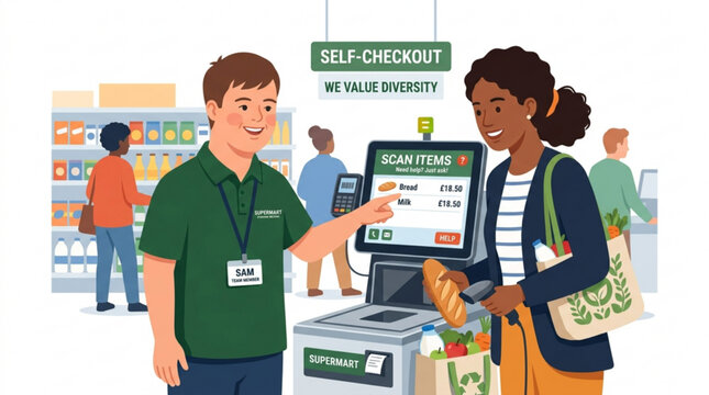 Friendly store assistant helps customer use self-checkout kiosk modern grocery shopping experience illustration for retail and technology con