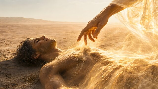 Man lying in desert sand touched by a divine hand. Biblical creation story of Adam. Spiritual awakening, miracle and celestial power. Religious concept of life and divine mercy.