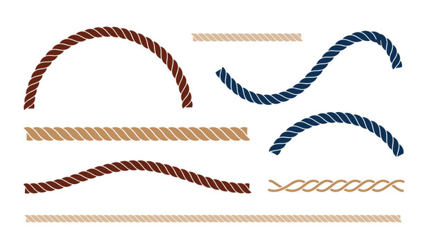 Nautical twisted rope borders and marine cord vector icon set. Twisted lines, curved waves, knots and decorative string elements.