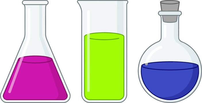 Flat Vector Illustration of Chemistry Glassware Set Including Conical Erlenmeyer Flask Beaker and Round Bottom Potion Bottle