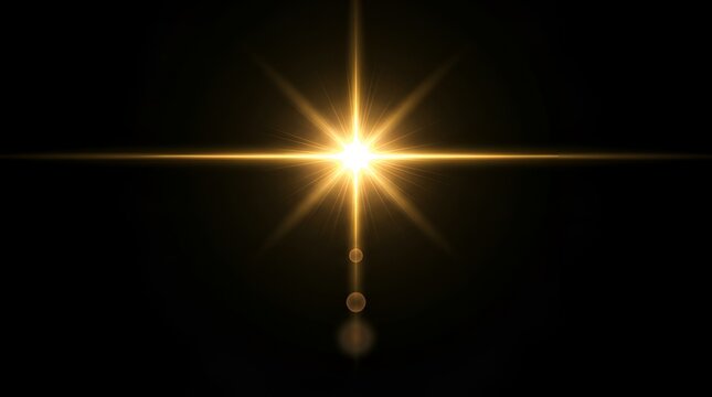 A single golden star lens flare with horizontal light streaks and soft circular bokeh isolated on a deep black background