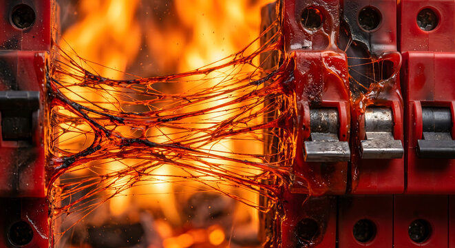 Macro view of melting plastic circuit breakers with sticky orange residue and intense flames in background of electrical fire scene.