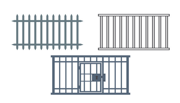 Prison bars and jail door vector icon set. Metal fence, iron grates, locked cell, security railings, criminal confinement and protection barrier symbols.