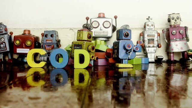 Vintage robots make the word coding with wooden letters stop motion 