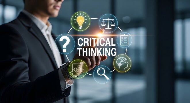 Businessman analyzing critical thinking concept on digital interface