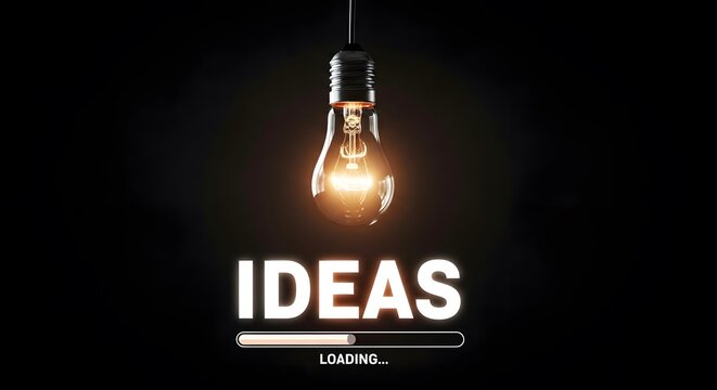 Glowing light bulb with ideas loading concept on dark background