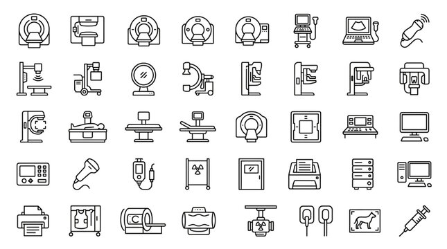 Medical Diagnostic Imaging Equipment Line Icon Set Featuring MRI CT Scan Ultrasound X Ray Mammography and Dental Scanner Vector Collection