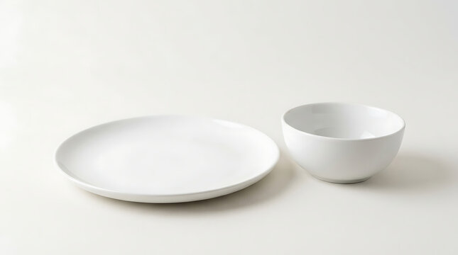 A white ceramic dinner plate and a matching small bowl placed on a plain white studio background