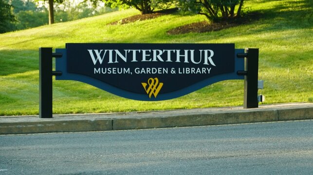 Wilmington, Delaware, U.S.A - Jul 1, 2026 - Winterthur Museum, Garden and Library sign on roadside with grassy surroundings and trees.